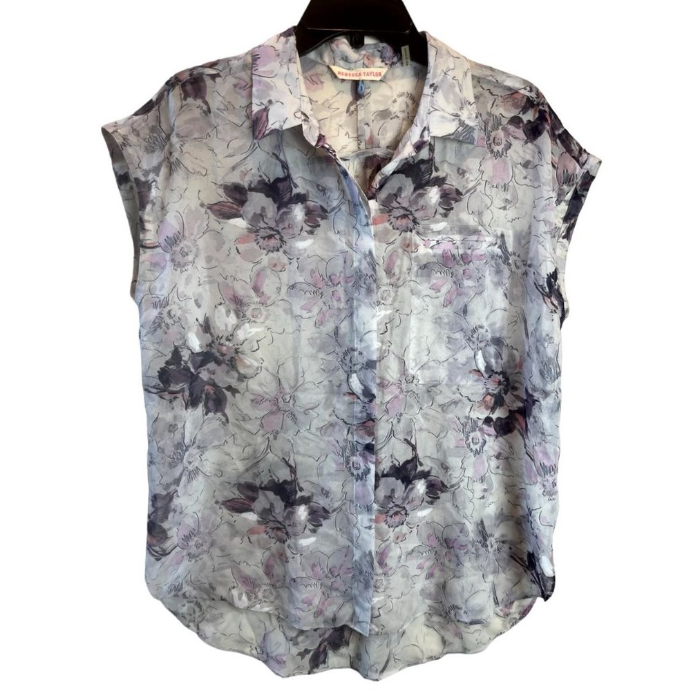 Rebecca Taylor Women Blouse Top Floral Print 100%Silk Collar Neck Pink Black SZ?